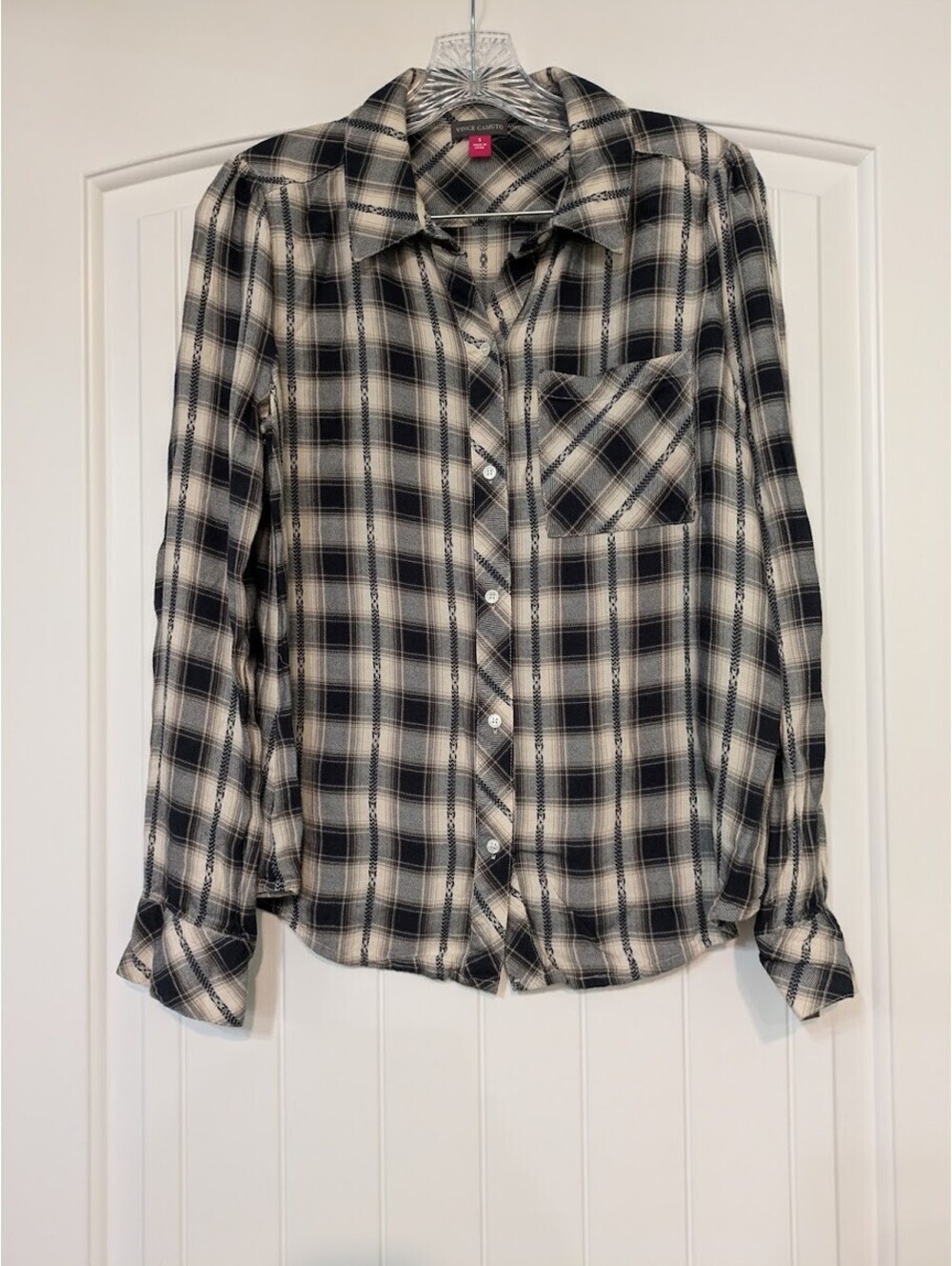 Vince Camuto Flannel Button‑Up Shirt Small Black & White – Alpine Ivory